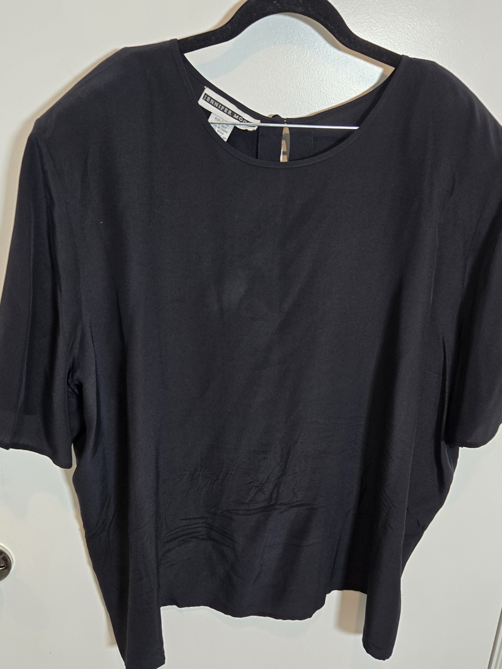 Jennifer Moore Black Short-Sleeve Silk Crewneck Top